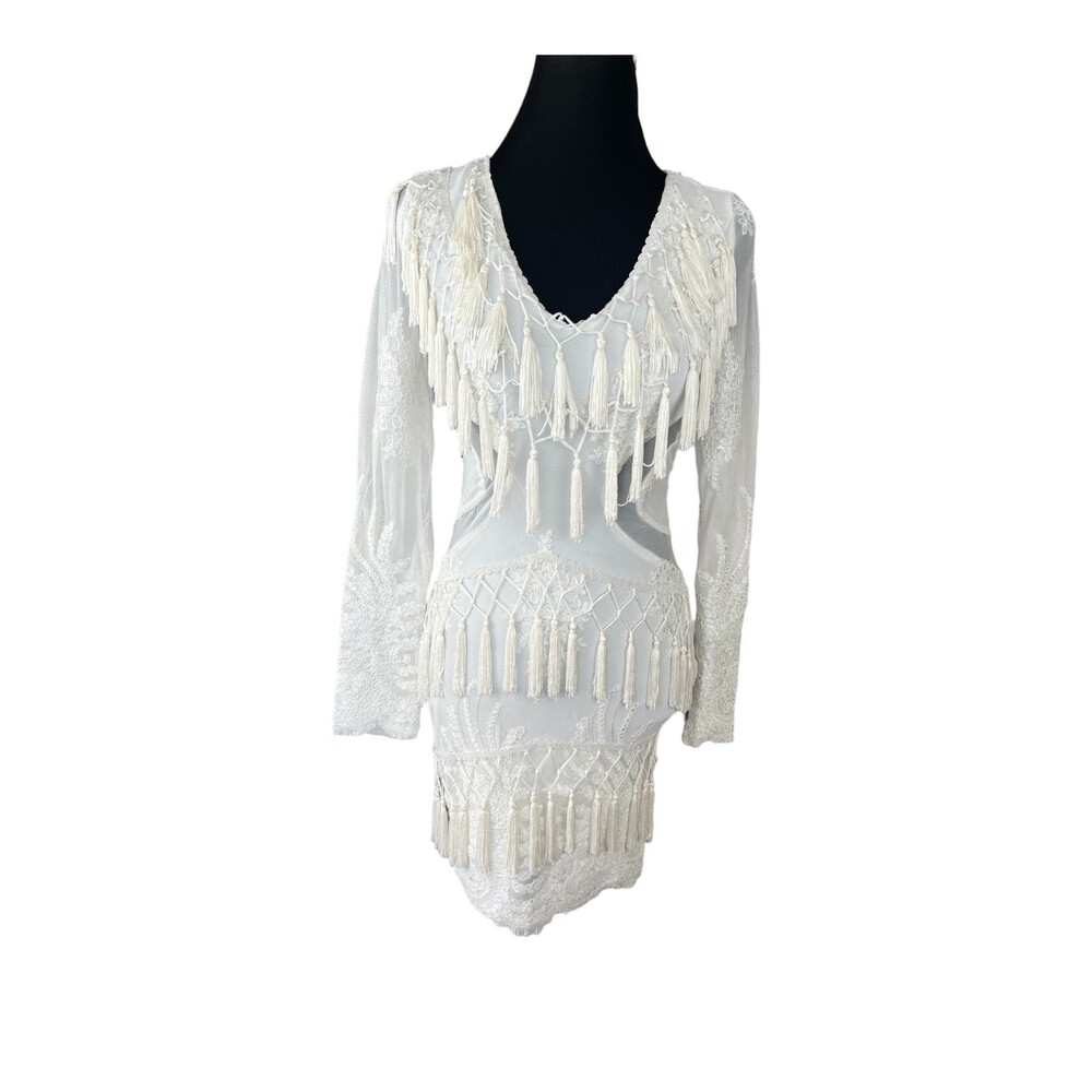 Banjul Sexy Sheer Lace Tassel Fringe Bodycon Mini White Dress w Scalloped Hem XS